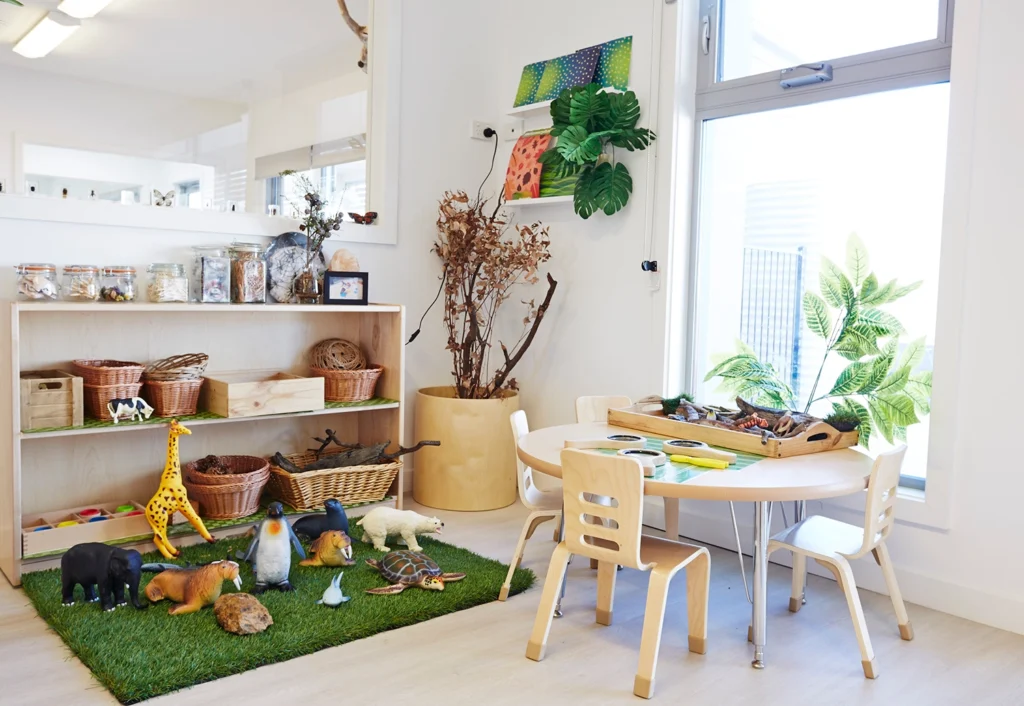 Preschool room set up with animal toys