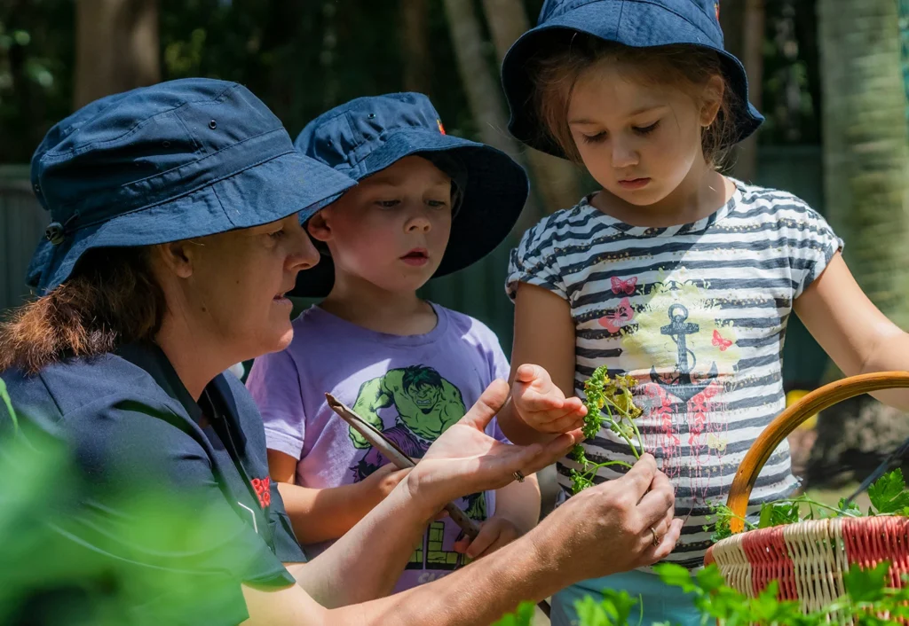 An Educator and two preschool children examine plants in a vegetable and herb garden. The adult holds up a plant while the children look on attentively. A basket of picked herbs is nearby.