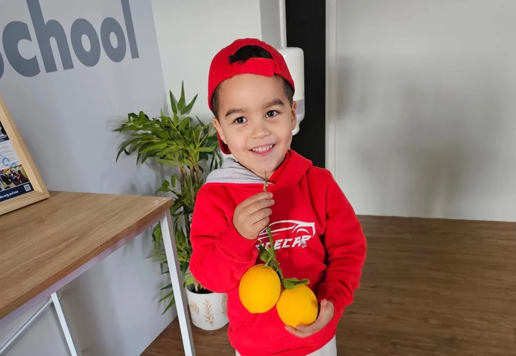 A preschool aged boy in a red hoodie and cap stands indoors holding two oranges, smiling at the camera. A potted plant and part of a sign reading "Princeton Pre School" are visible in the background.