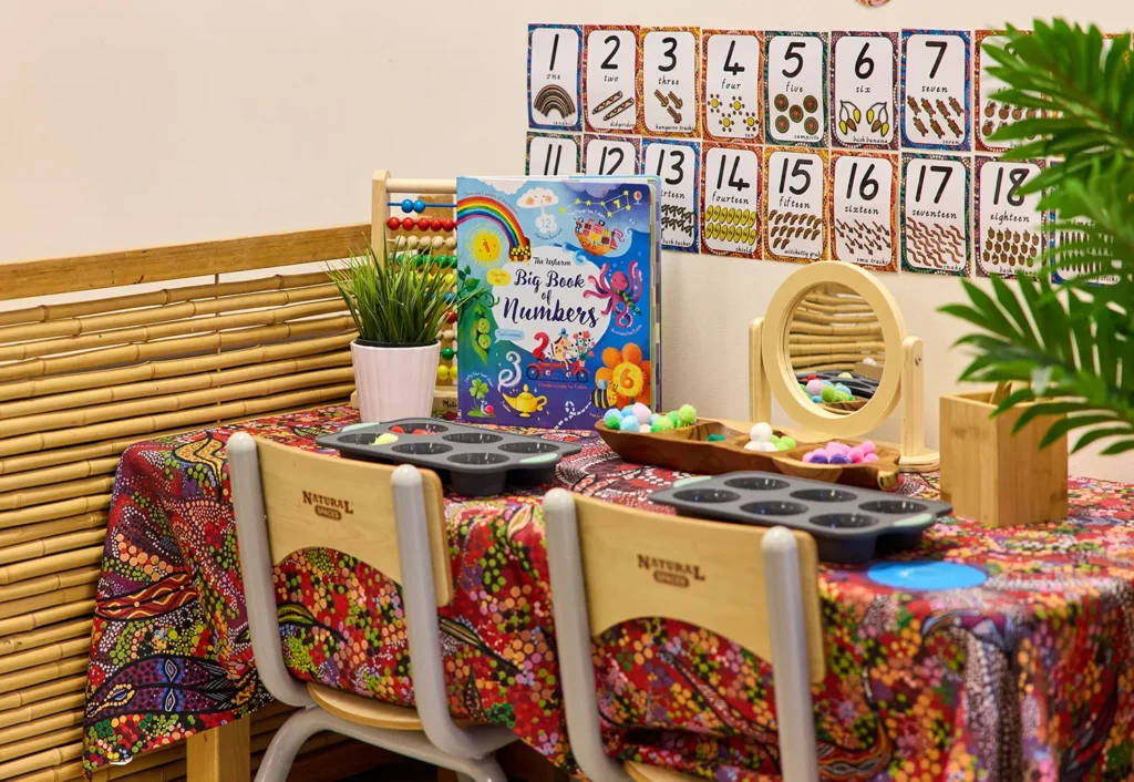 A colorful kindergarten classroom setup with two chairs, a table covered in patterned cloth, teaching materials, a book about numbers, muffin trays, and a mirror. Number cards from 1 to 20 are displayed on the wall.