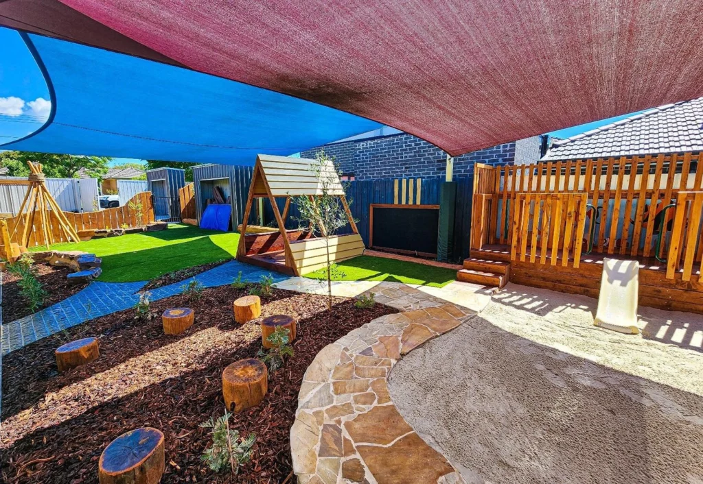 A children's outdoor play area with artificial grass, a playground structure, tree stump seats, a shaded canopy, and various play equipment surrounded by wooden fencing.