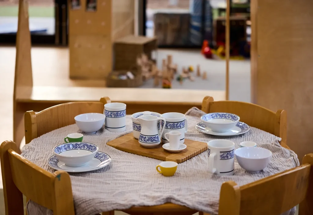 Pretend play tea party set up at childcare in Geelong.