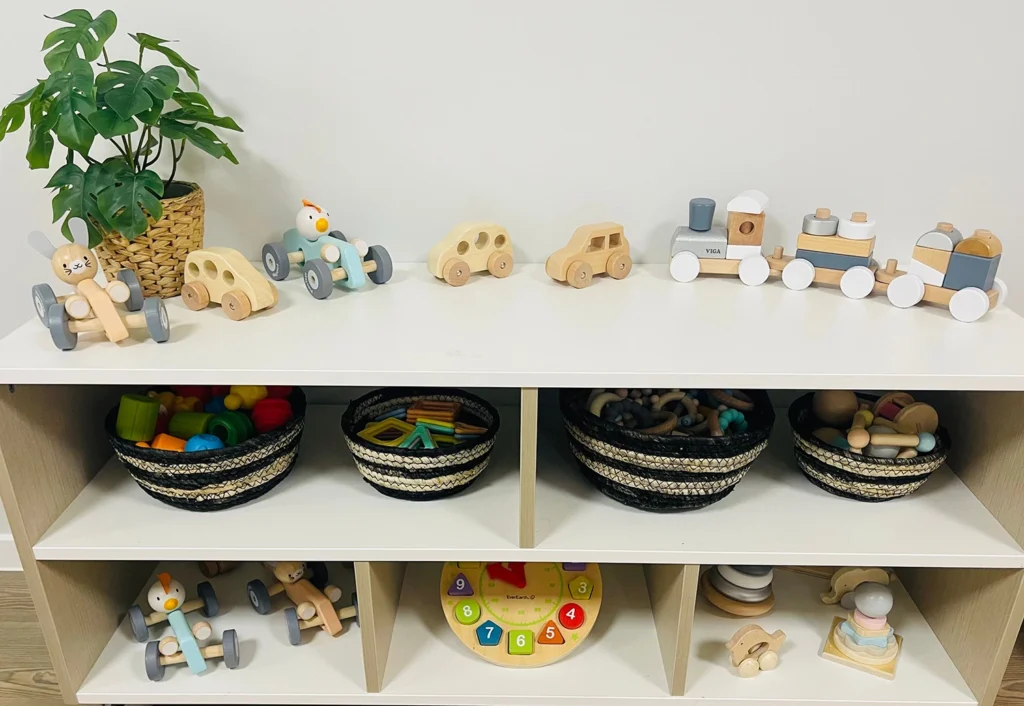 A shelf displays wooden toys including cars, a train, and animals. Baskets of additional toys are arranged below. A potted plant sits on the top left corner of the shelf.