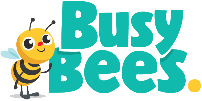 Illustration of a smiling cartoon bee next to the text "Busy Bees" in bold, turquoise letters.