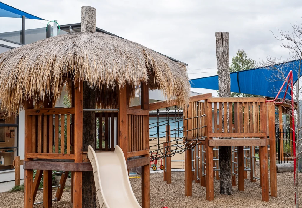 Wooden playground with slide