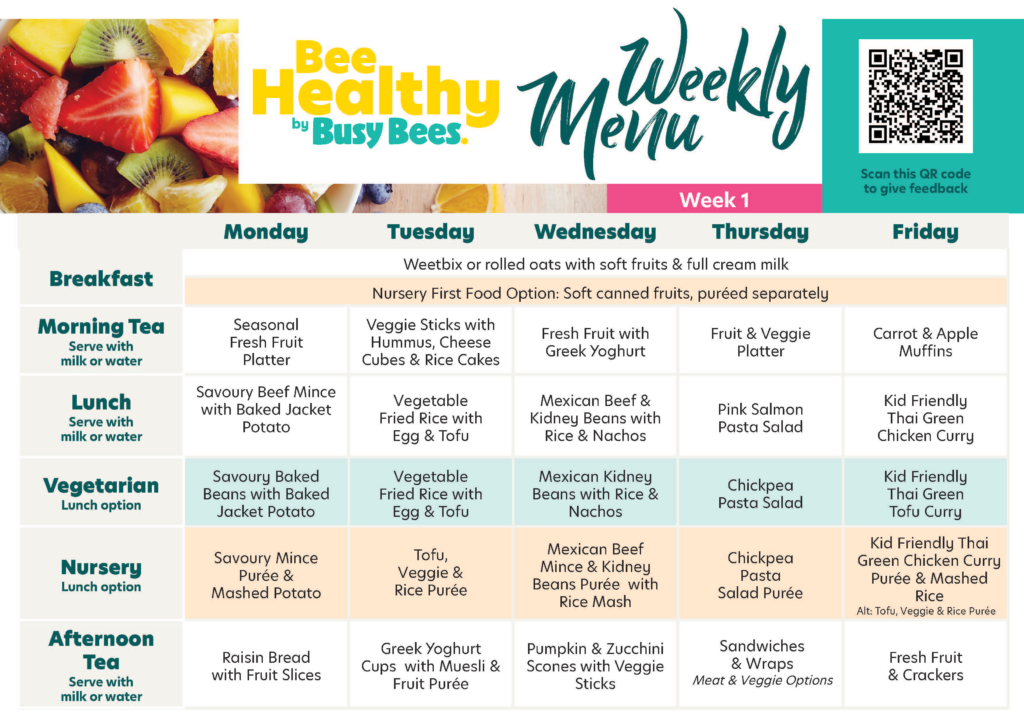 Colorful weekly menu chart with meals for each day from Monday to Friday, featuring options for breakfast, snacks, lunch, and more. Includes a QR code for additional details.