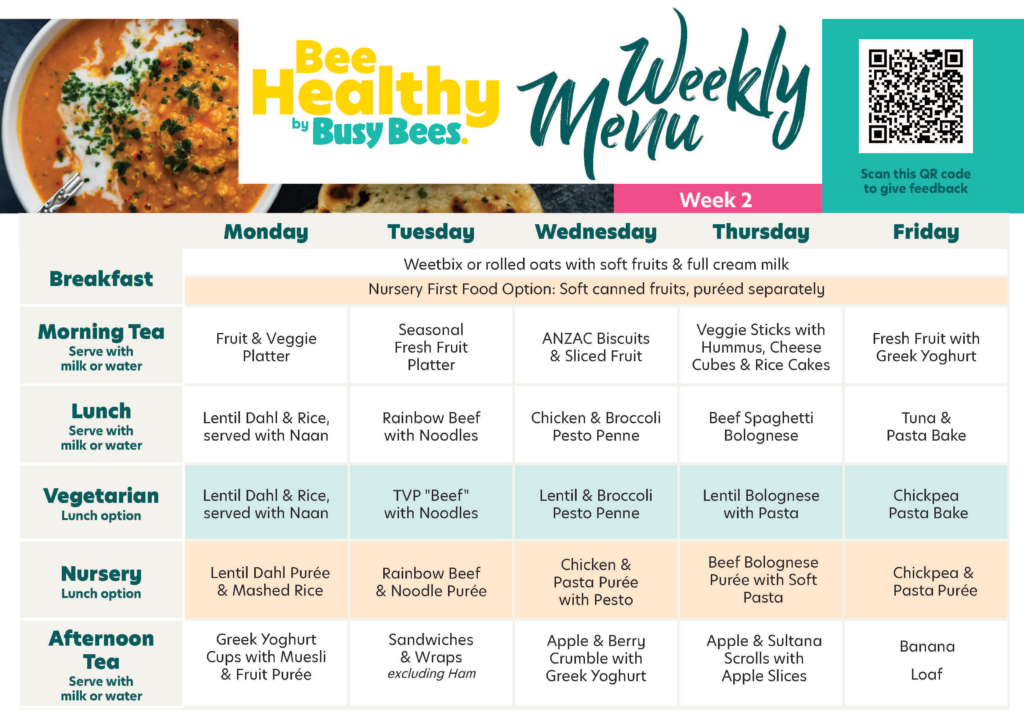 Weekly menu for a childcare center, including meals and snacks from Monday to Friday with options for breakfast, lunch, vegetarian, nursery, and afternoon tea. QR code included for feedback.