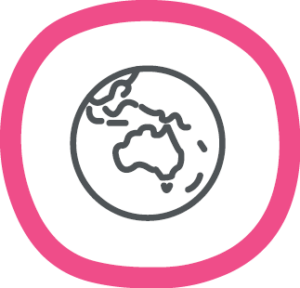 A simple black and white line drawing of a globe centered on Australia, surrounded by a pink border.