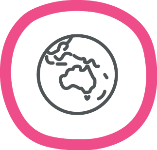 A simple black and white line drawing of a globe centered on Australia, surrounded by a pink border.