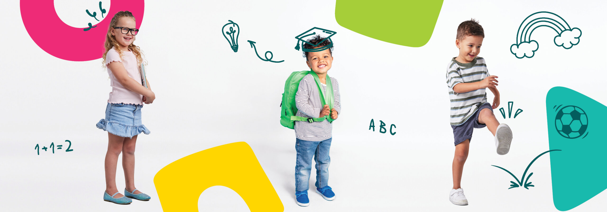 Three kindergarten children with drawn graphic overlays of thinking lightbulb, graduation hat, and kicking a soccer ball.